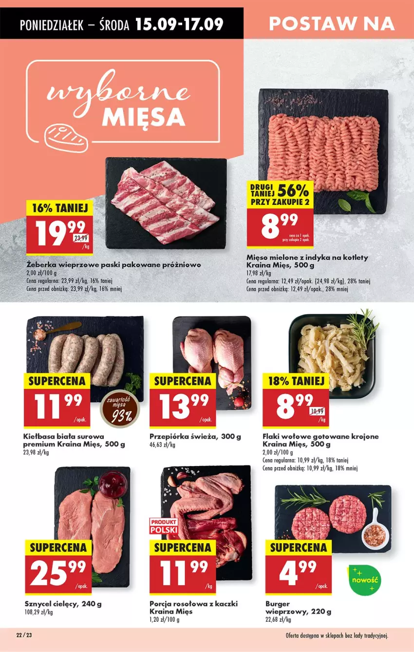 Gazetka promocyjna Biedronka - Od Poniedziałku - ważna 15.09 do 20.09.2025 - strona 26 - produkty: Burger, Flaki, Flaki wołowe, Kiełbasa, Kiełbasa biała, Kotlet, Mięso, Mięso mielone, Por, Przepiórka