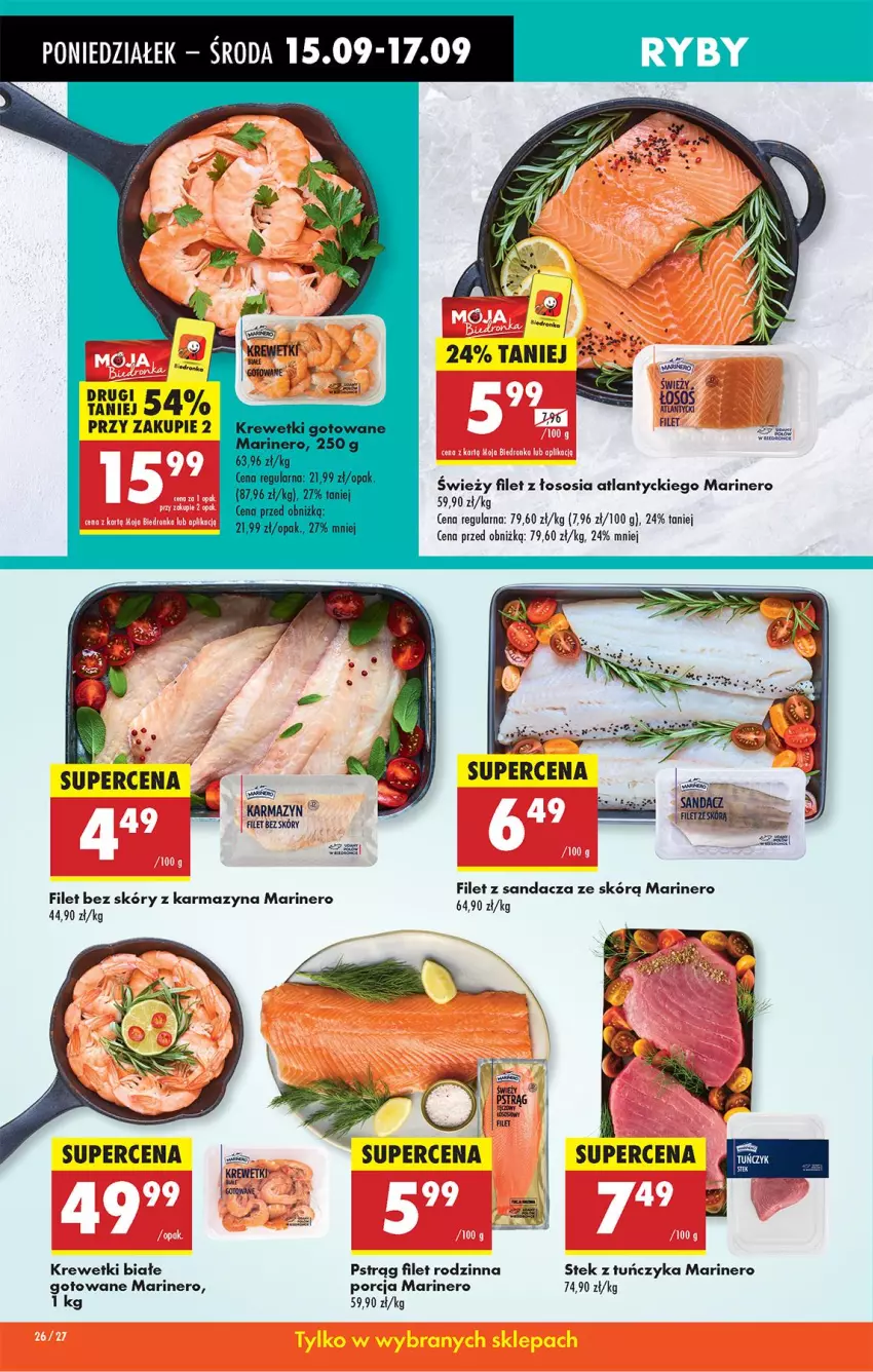 Gazetka promocyjna Biedronka - Od Poniedziałku - ważna 15.09 do 20.09.2025 - strona 30 - produkty: Krewetki, LG, Por, Pstrąg, Sos, Stek, Tuńczyk