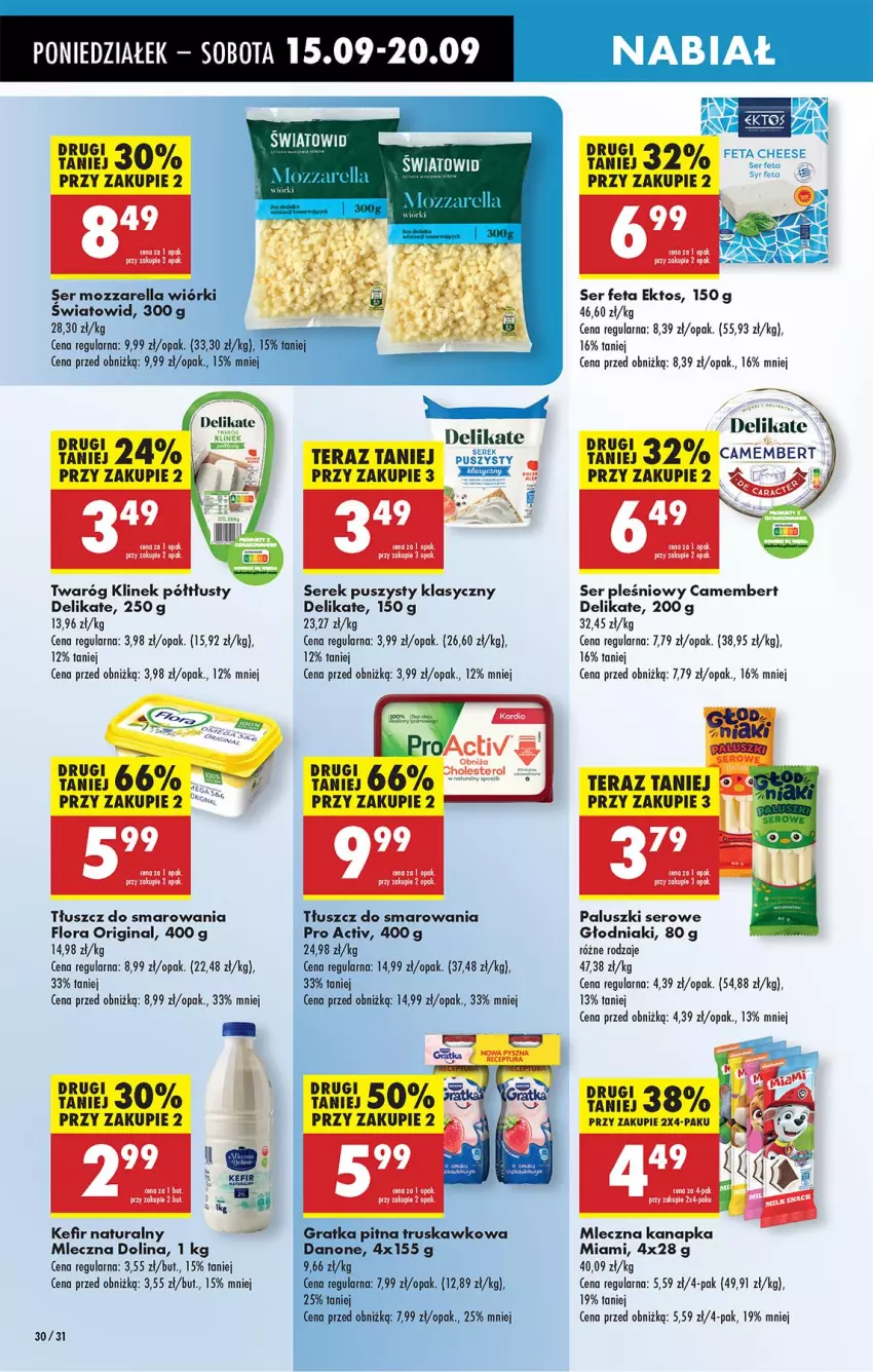 Gazetka promocyjna Biedronka - Od Poniedziałku - ważna 15.09 do 20.09.2025 - strona 34 - produkty: Camembert, Dres, Fa, Feta, Flora, Gin, Kefir, Kefir naturalny, Mleczna kanapka, Mozzarella, Ser, Ser pleśniowy, Serek, Serek puszysty, Tera, Twaróg