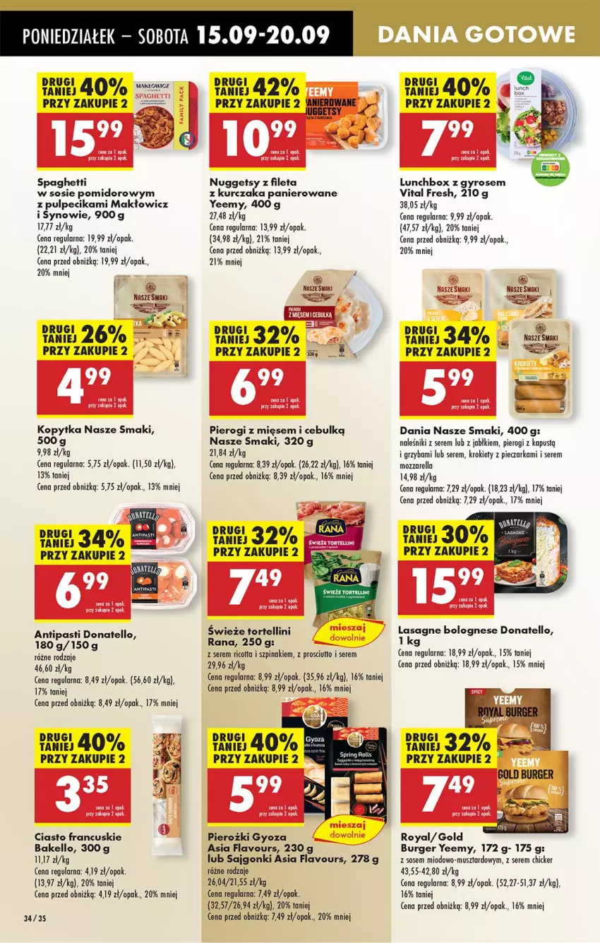 Gazetka promocyjna Biedronka - Od Poniedziałku - ważna 15.09 do 20.09.2025 - strona 38 - produkty: Burger, Ciasto francuskie, Fa, Gyros, Kapustą, Kopytka, Krokiety, Kurczak, Lasagne, Lasagne bolognese, Mozzarella, Mus, Naleśniki, Piec, Pieczarka, Pierogi, Por, Pur, Sajgonki, Ser, Sos, Spaghetti, Szpinak