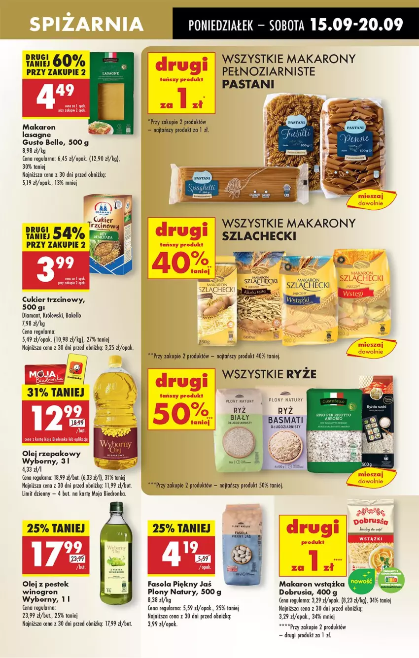 Gazetka promocyjna Biedronka - Od Poniedziałku - ważna 15.09 do 20.09.2025 - strona 39 - produkty: Bell, Cukier, Cukier trzcinowy, Diamant, Fa, Fasola, Królewski, Lasagne, Makaron, Obrus, Olej, Olej rzepakowy, Ryż, Stek, Waga, Wino, Wstążka