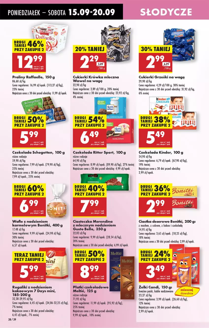 Gazetka promocyjna Biedronka - Od Poniedziałku - ważna 15.09 do 20.09.2025 - strona 42 - produkty: 7 Days, Bell, Bonitki, Ciastka, Cukier, Cukierki, Czekolada, Deser, Fa, Grześki, Kakao, Kinder, Por, Praliny, Raffaello, Ritter Sport, Rogal, Schogetten, Ser, Sport, Tera, Wafle, Wawel