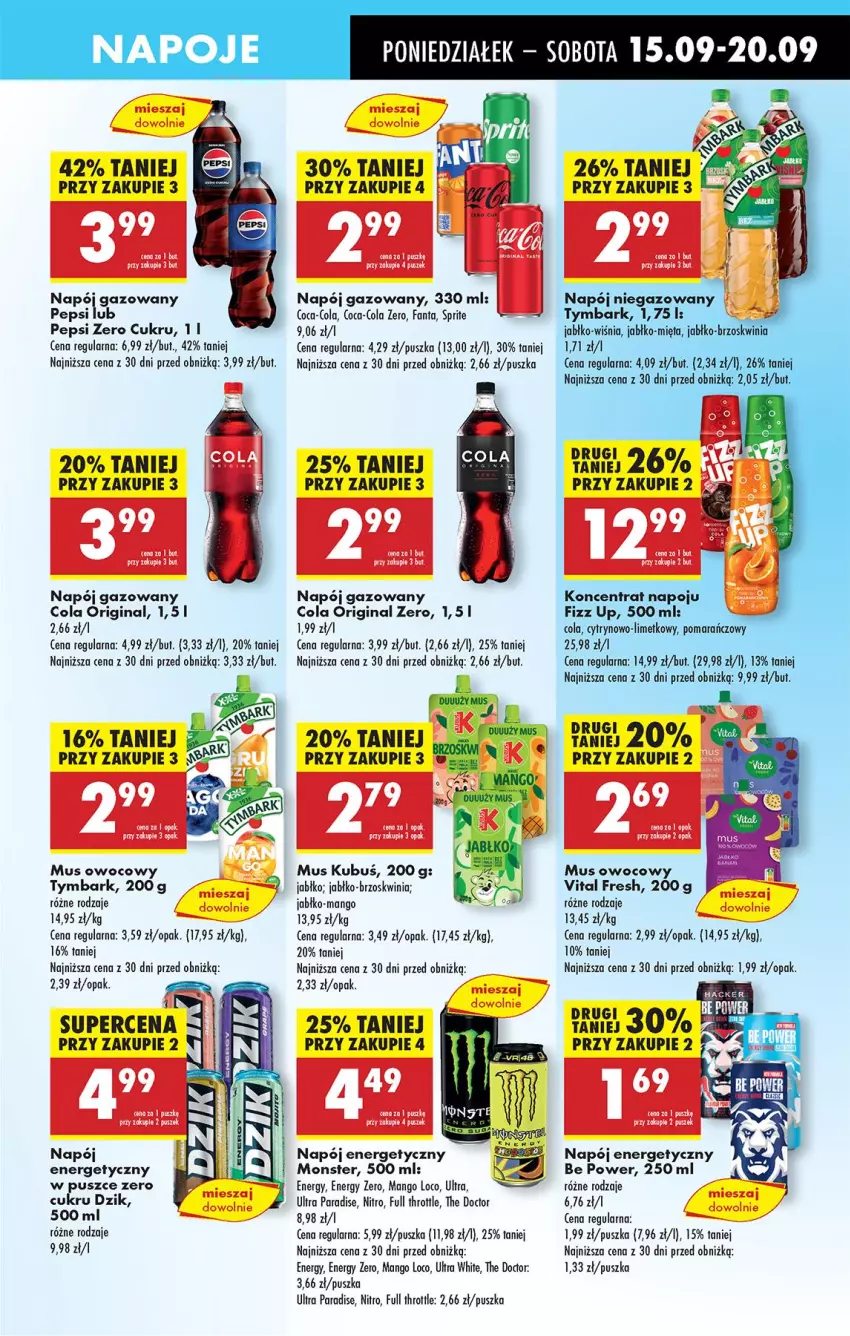 Gazetka promocyjna Biedronka - Od Poniedziałku - ważna 15.09 do 20.09.2025 - strona 47 - produkty: Coca-Cola, Fa, Fanta, Full Throttle, Gin, Kubuś, Mango, Mięta, Mus, Napój, Napój energetyczny, Napój gazowany, Napój niegazowany, Napoje, Pepsi, Sprite, Tymbark