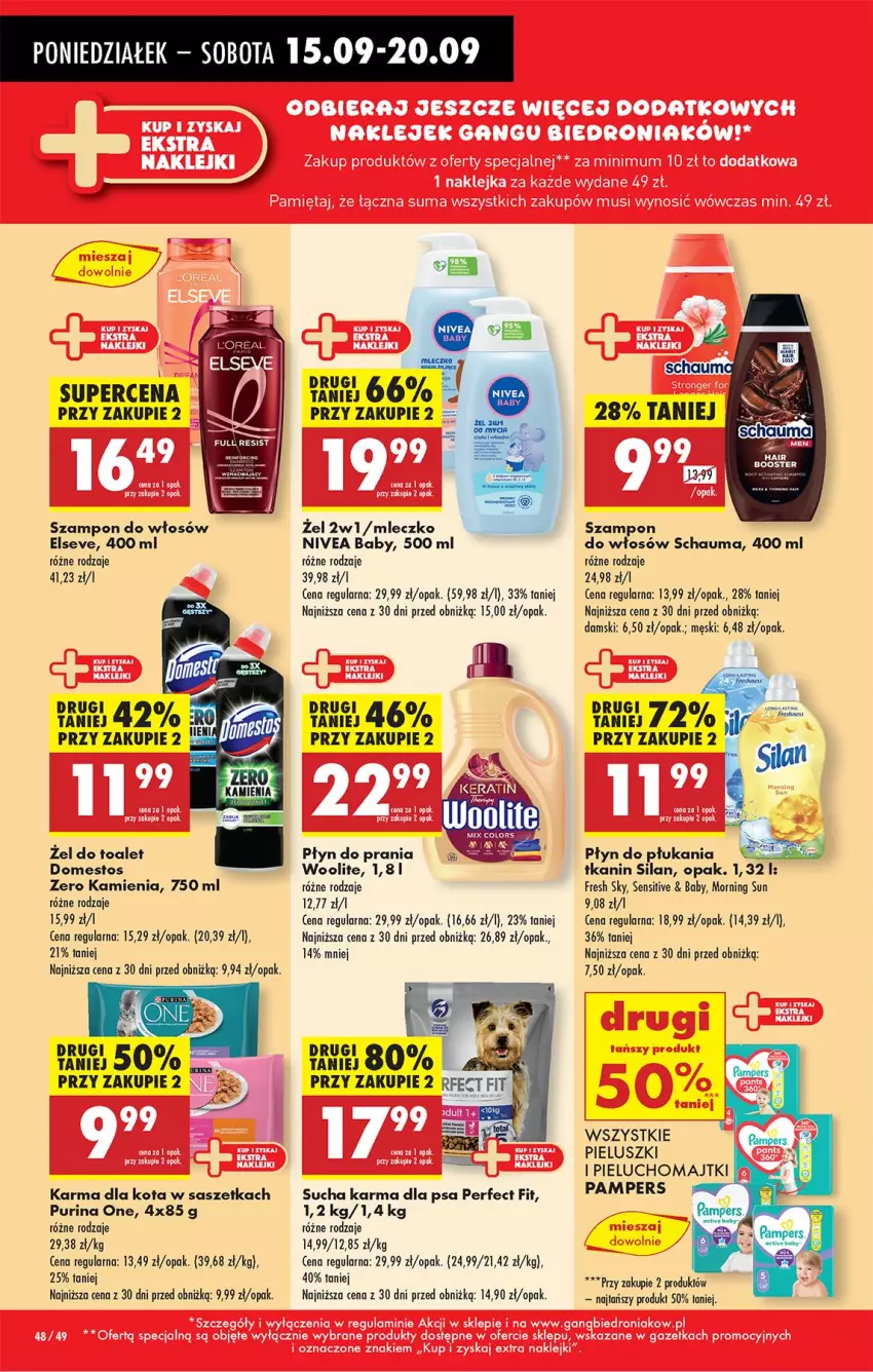 Gazetka promocyjna Biedronka - Od Poniedziałku - ważna 15.09 do 20.09.2025 - strona 52 - produkty: Domestos, Elseve, Mleczko, Nivea, Nivea Baby, Pampers, Płyn do prania, Pur, Purina, Schauma, Silan, Sucha karma, Szampon, Woolite