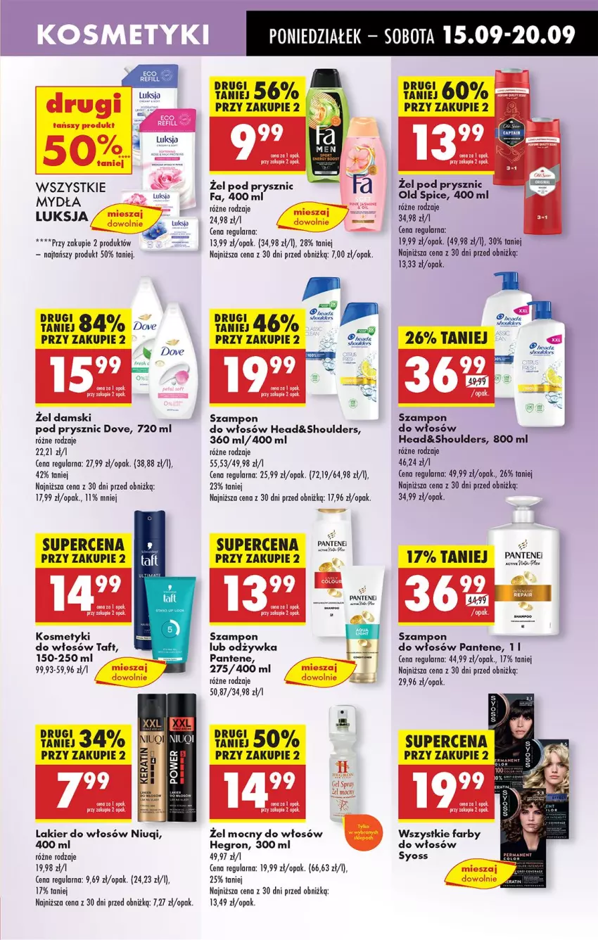 Gazetka promocyjna Biedronka - Od Poniedziałku - ważna 15.09 do 20.09.2025 - strona 53 - produkty: Dove, Fa, Hegron, Lakier, Lakier do włosów, Luksja, Mus, Niuqi, Old Spice, Pantene, Syoss, Szampon, Taft
