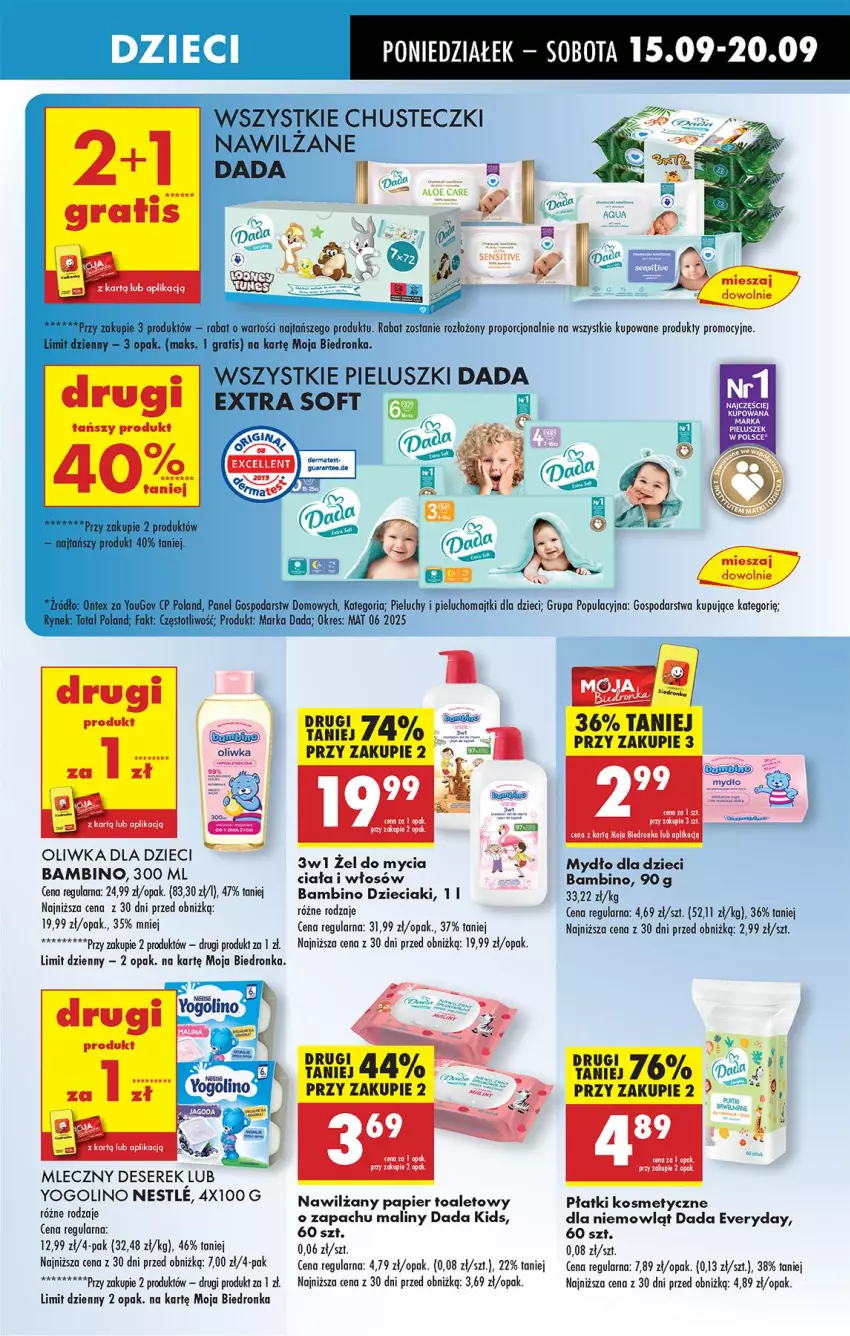 Gazetka promocyjna Biedronka - Od Poniedziałku - ważna 15.09 do 20.09.2025 - strona 55 - produkty: Dada, Deser, Dzieci, Maliny, Mydło, Nawilżany papier, Oliwka dla dzieci, Papier, Papier toaletowy, Płatki kosmetyczne, Ser, Serek