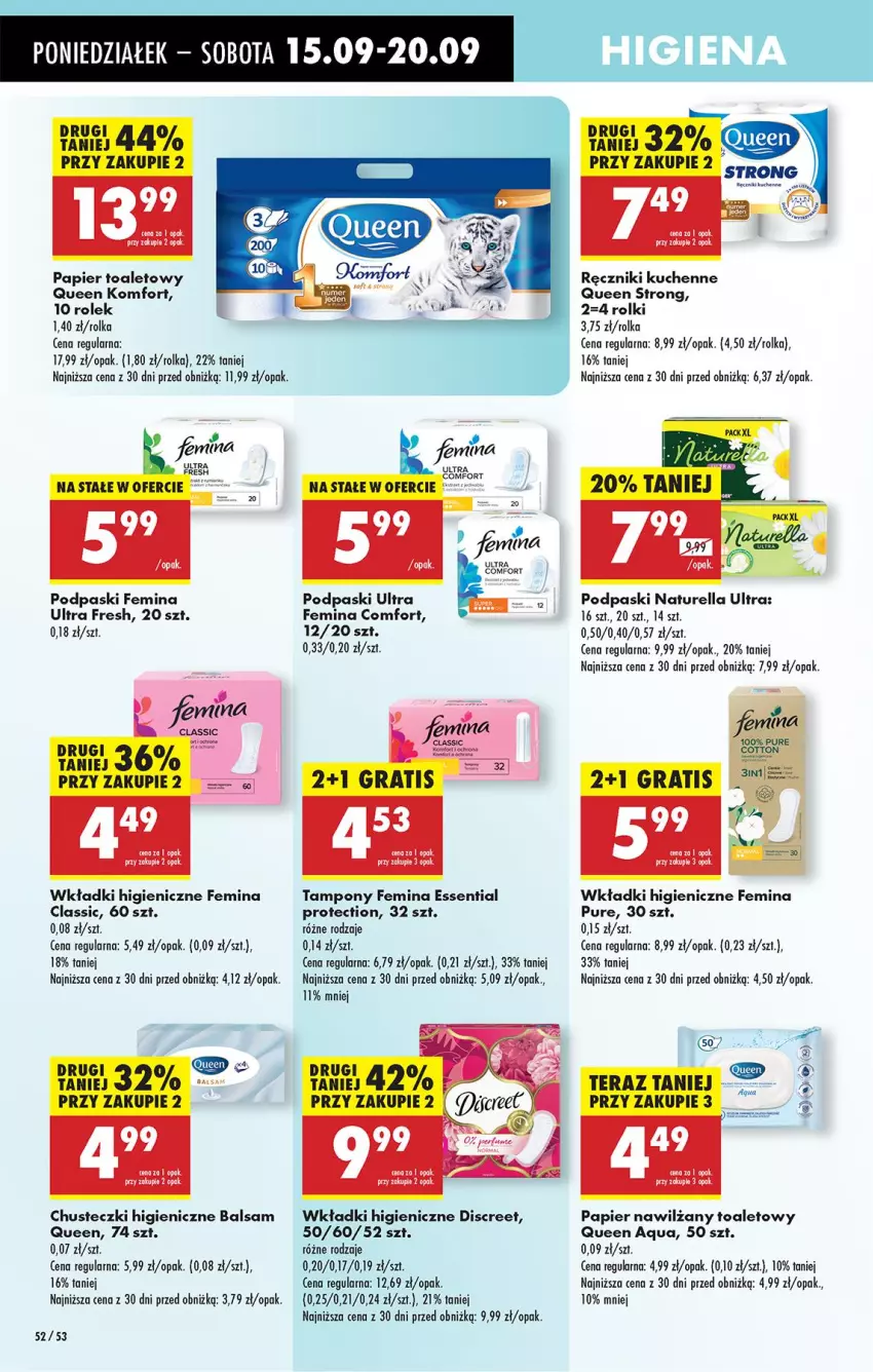 Gazetka promocyjna Biedronka - Od Poniedziałku - ważna 15.09 do 20.09.2025 - strona 56 - produkty: Chusteczki, Discreet, Gra, Naturell, Naturella, Papier, Papier toaletowy, Podpaski, Pur, Ręcznik, Rolki, Tampony, Tera, Wkładki
