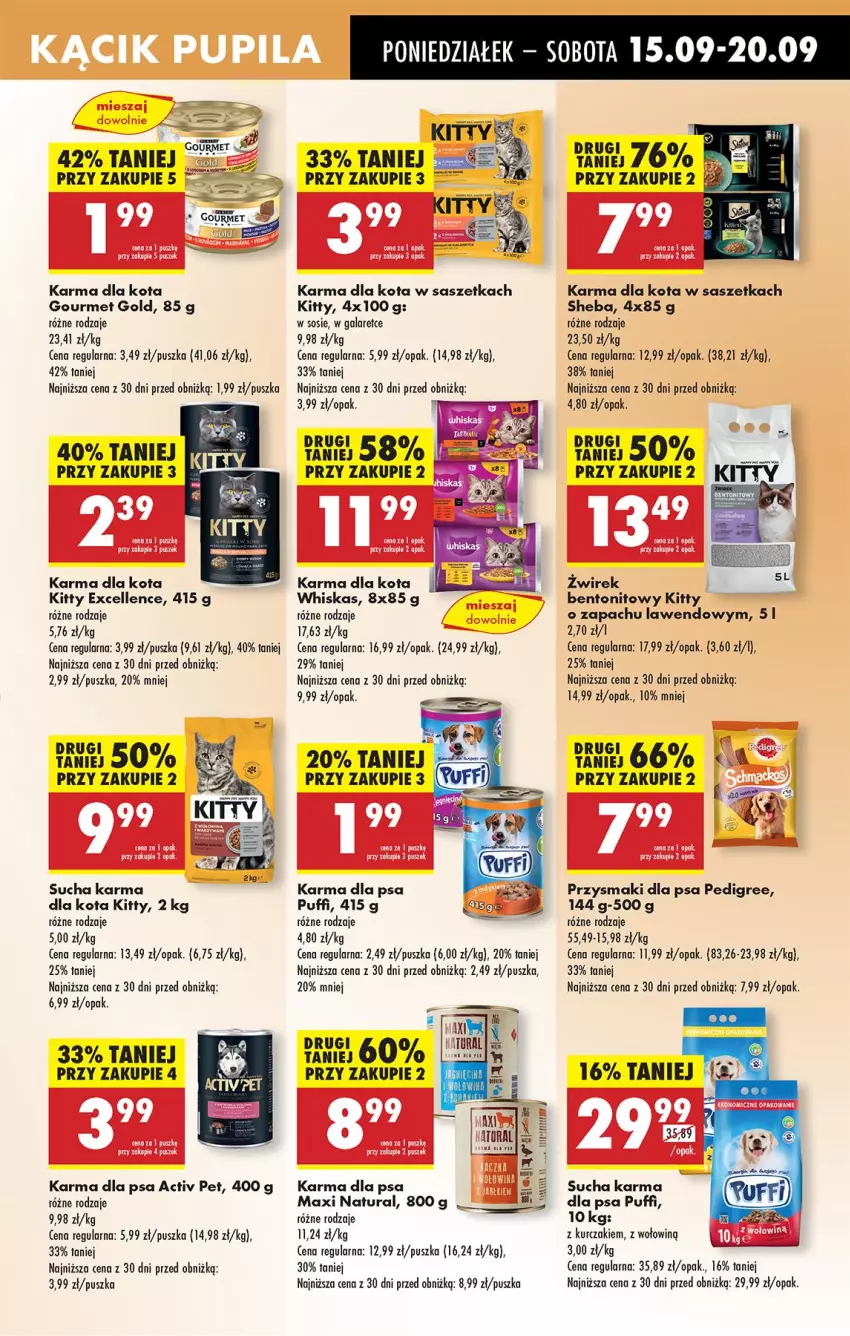 Gazetka promocyjna Biedronka - Od Poniedziałku - ważna 15.09 do 20.09.2025 - strona 59 - produkty: Gala, Gourmet Gold, HP, Kurczak, Pedigree, Przysmaki, Puf, Sheba, Sos, Sucha karma, Whiskas