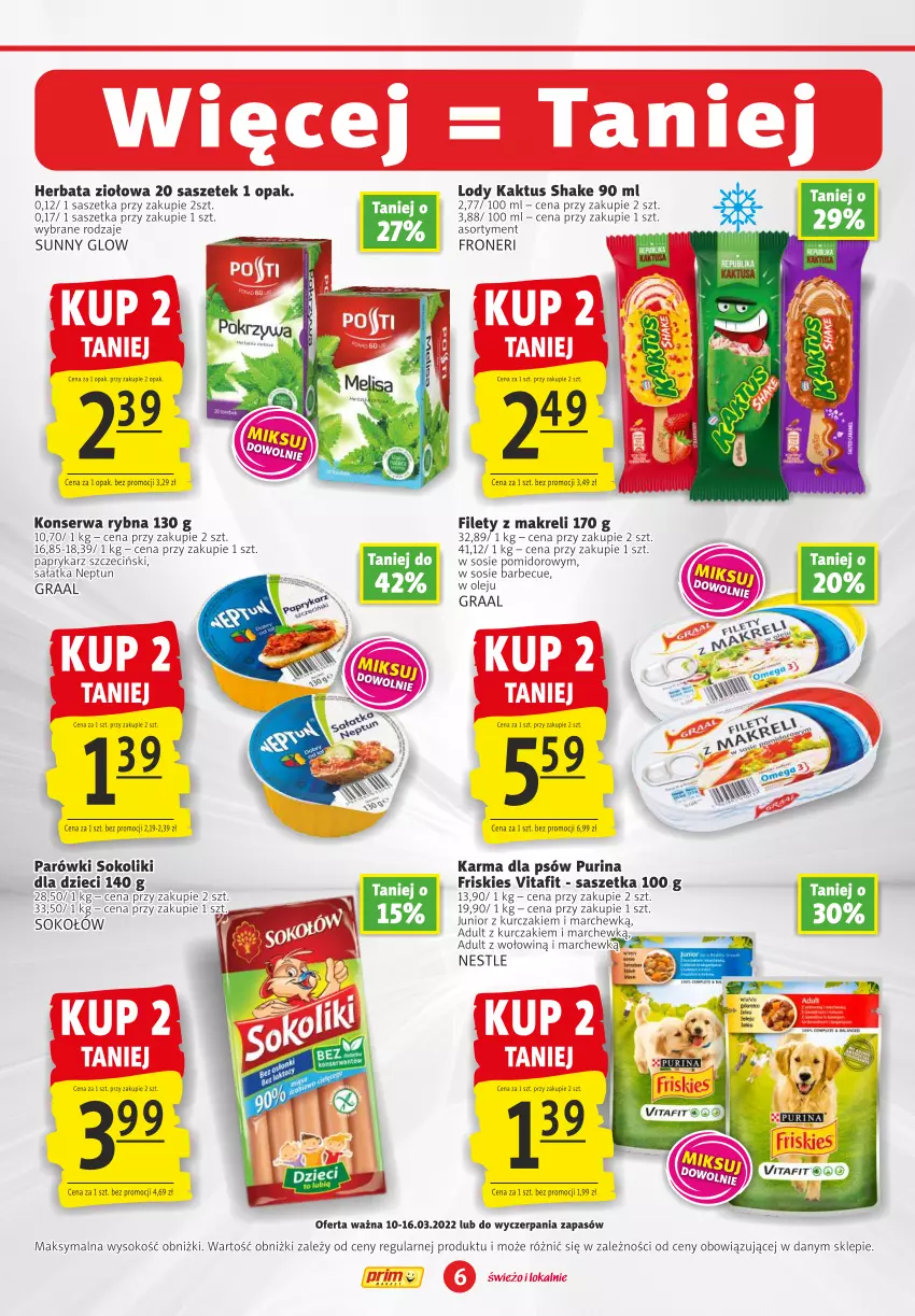 Gazetka promocyjna Prim Market - ważna 10.03 do 16.03.2022 - strona 6 - produkty: Dzieci, Friskies, Gra, Graal, Herbata, Kaktus, Kurczak, Lody, Olej, Papryka, Paprykarz, Paprykarz szczeciński, Parówki, Parówki sokoliki, Pur, Purina, Sałat, Sałatka, Ser, Sok, Sokołów, Sos