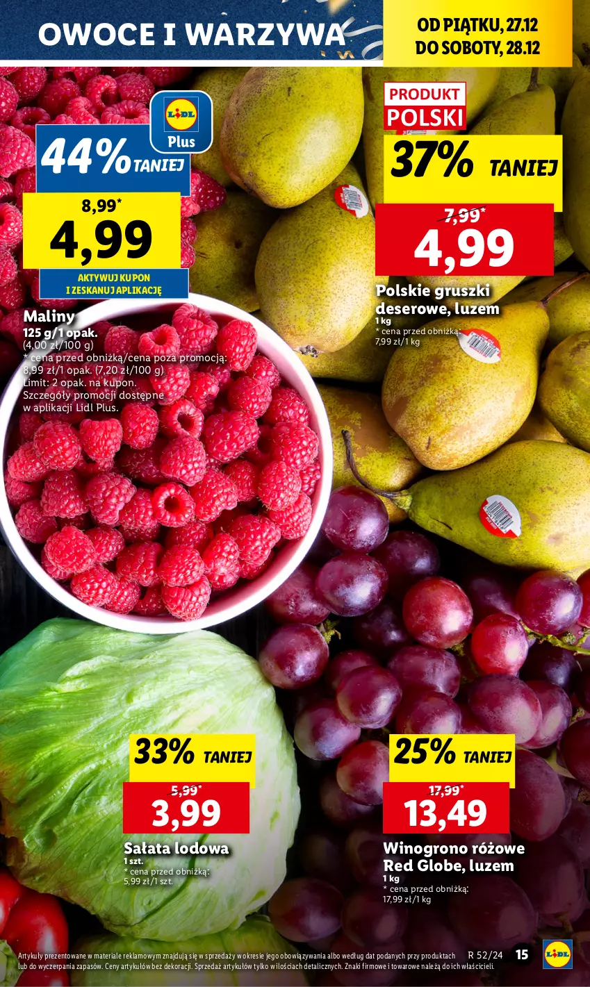 Gazetka promocyjna Lidl - GAZETKA - ważna 27.12 do 28.12.2024 - strona 17 - produkty: Deser, Gruszki, Maliny, Owoce, Sałat, Sałata lodowa, Ser, Warzywa, Wino