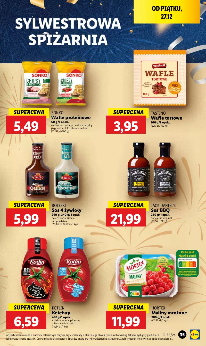 Gazetka promocyjna Lidl - GAZETKA - ważna 27.12 do 28.12.2024 - strona 39 - produkty: Bazyl, Bazylia, Cheddar, Czosnek, Gin, Hortex, Ketchup, Kotlin, Maliny, Ser, Sonko, Sos, Szynka, Wafle, Wafle tortowe, Woda