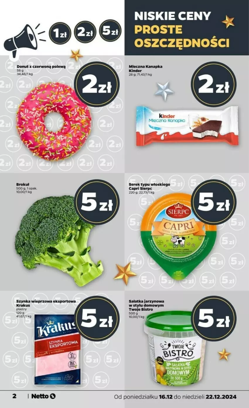 Gazetka promocyjna Netto - ważna 16.12 do 22.12.2024 - strona 12 - produkty: Donut, Kinder, Krakus, Miecz, Mleczna kanapka, Por, Sałat, Sałatka, Ser, Serek, Sport, Szynka, Szynka wieprzowa