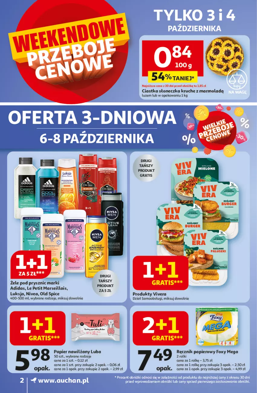 Gazetka promocyjna Auchan - Wielkie przeboje cenowe Supermarket - ważna 02.10 do 08.10.2025 - strona 2 - produkty: Adidas, Burger, Ciastka, Fa, Foxy, Gra, Luksja, Mars, Mola, Nivea, Old Spice, Papier, Ręcznik, Rolki