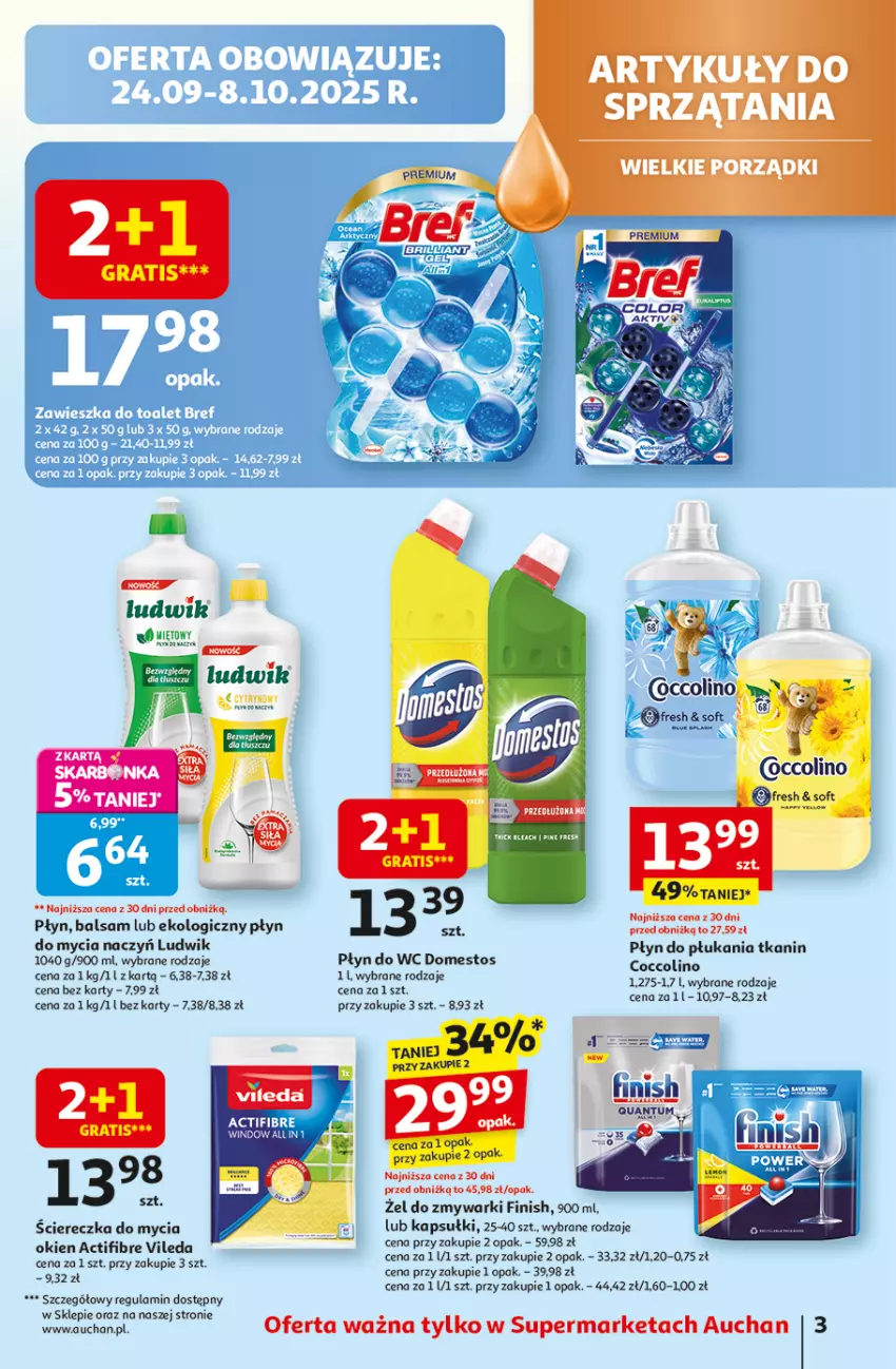Gazetka promocyjna Auchan - Wielkie przeboje cenowe Supermarket - ważna 02.10 do 08.10.2025 - strona 3 - produkty: Coccolino, Do mycia naczyń, Domestos, Finish, Gra, Ludwik, Płyn do mycia, Płyn do mycia naczyń, Płyn do płukania, Płyn do wc, Vileda, Zmywarki