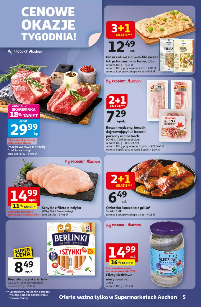Gazetka promocyjna Auchan - Wielkie przeboje cenowe Supermarket - ważna 02.10 do 08.10.2025 - strona 5 - produkty: Berlinki, Boczek, Gra, Grill, Kurczak, Parówki, Parówki z szynki, Por