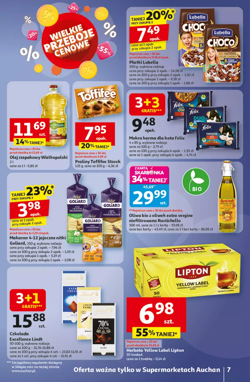 Gazetka promocyjna Auchan - Wielkie przeboje cenowe Supermarket - ważna 02.10 do 08.10.2025 - strona 7 - produkty: Bell, Bella, Felix, Gin, Goliard, Lindt, Lubella, Makaron, Mokra karma, Olej, Olej rzepakowy, Oliwa, Praliny, Rust, Toffifee