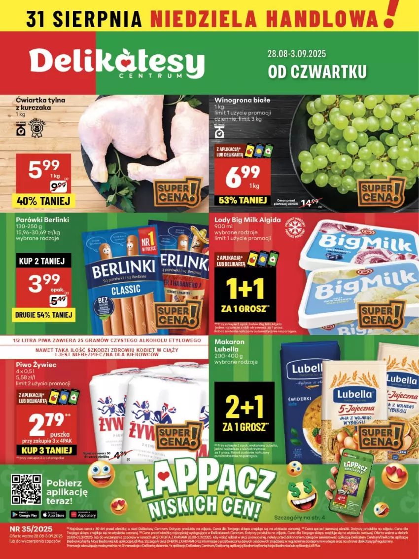 Gazetka promocyjna Delikatesy Centrum - Franczyza DC35 Czwartek - ważna 28.08 do 03.09.2025 - strona 1 - produkty: Berlinki, Big Milk, Gra, Makaron, Parówki, Piec, Piwa, Piwo, Por, Rama, Rum, Tera, Tran, Wino, Winogrona