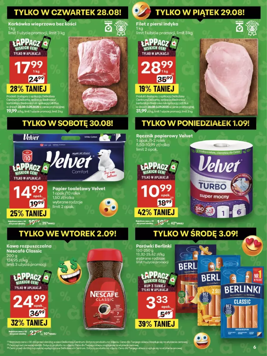 Gazetka promocyjna Delikatesy Centrum - Franczyza DC35 Czwartek - ważna 28.08 do 03.09.2025 - strona 6 - produkty: Berlinki, Filet z piersi indyka, K2, Kawa, Kawa rozpuszczalna, Olej, Papier, Parówki, Ręcznik, Rum, Top, Velvet