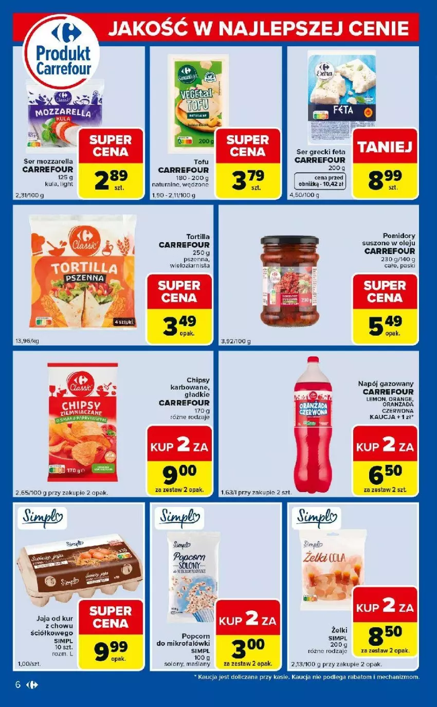 Gazetka promocyjna Carrefour - Gazetka Express - ważna 28.04 do 04.05.2026 - strona 6 - produkty: Chipsy, Fa, Feta, Jaja, LG, Mozzarella, Napój, Napój gazowany, Olej, Pomidory, Popcorn, Ser, Tofu, Tortilla