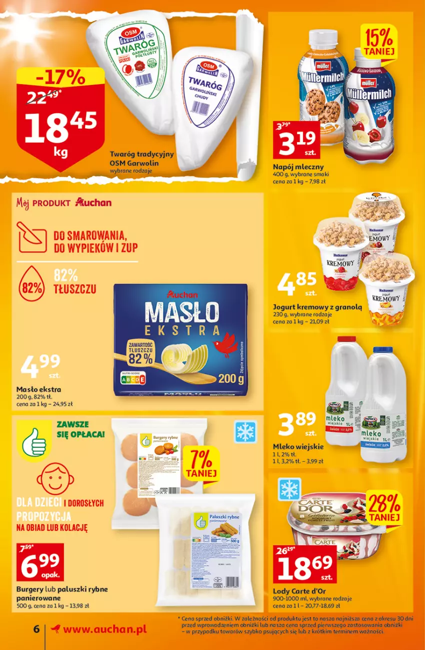 Gazetka promocyjna Auchan - Gazetka Wielkie majowe odkrycia cenowe część #4 Supermarket Auchan - ważna 18.05 do 27.05.2023 - strona 6 - produkty: Burger, Carte d'Or, Gra, Jogurt, Lody, Masło, Mleko, Napój, Napój mleczny, Paluszki rybne