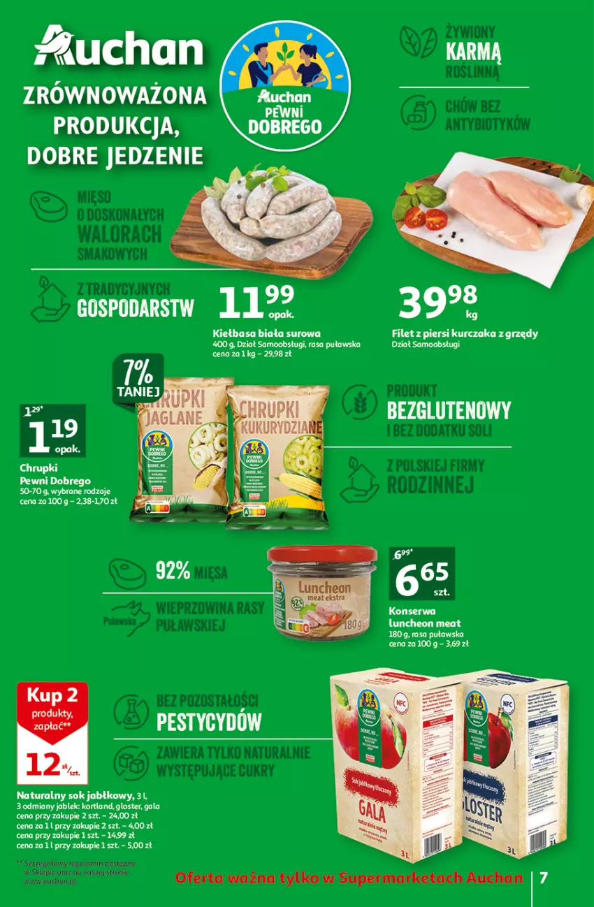 Gazetka promocyjna Auchan - Gazetka Wielkie majowe odkrycia cenowe część #4 Supermarket Auchan - ważna 18.05 do 27.05.2023 - strona 7 - produkty: Filet z piersi kurczaka, Gala, Kiełbasa, Kiełbasa biała, Kurczak, Regał, Ser, Sok, Sok jabłkowy