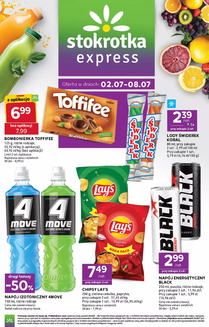 Gazetka promocyjna Stokrotka - Express - ważna 02.07 do 08.07.2026 - strona 1 - produkty: Chipsy, Kaki, Lack, Lody, Mięso, Napój, Napój energetyczny, Napój izotoniczny, Owoce, Papryka, Por, Sport, Toffifee