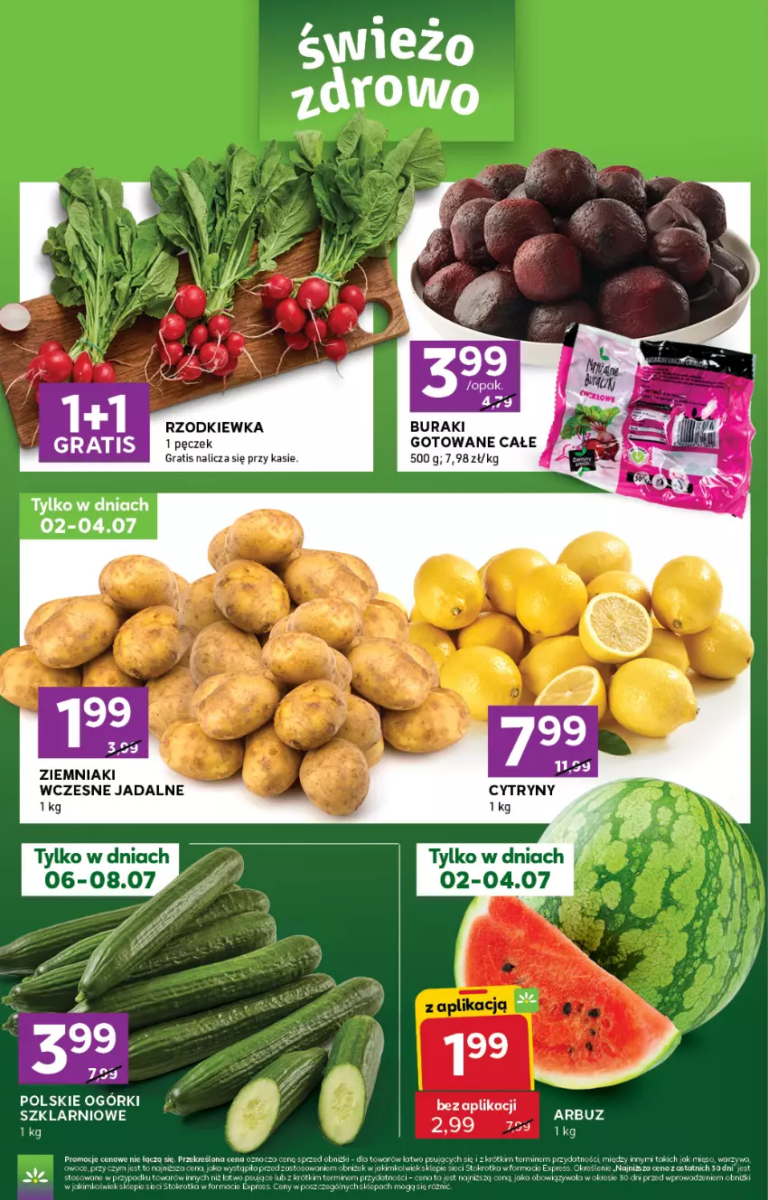Gazetka promocyjna Stokrotka - Express - ważna 02.07 do 08.07.2026 - strona 4 - produkty: Arbuz, Buraki, Fa, Gra, Mięso, Owoce, Rzodkiewka, Warzywa, Ziemniaki