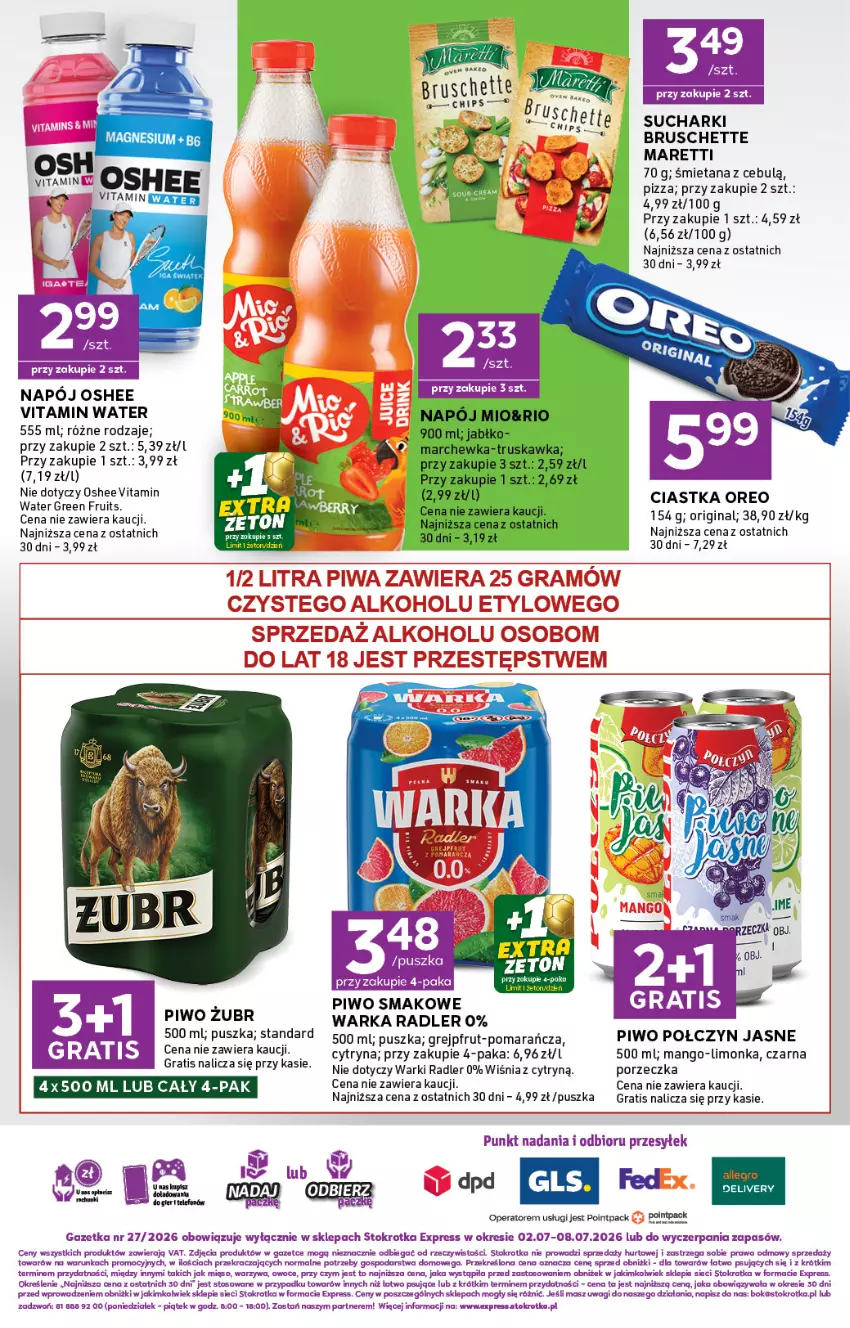 Gazetka promocyjna Stokrotka - Express - ważna 02.07 do 08.07.2026 - strona 8 - produkty: Bruschette, Ciastka, Gin, Gra, Grejpfrut, Kasia, Limonka, Mango, Mięso, Napój, O nas, Oreo, Oshee, Owoce, Piwo, Pizza, Por, Radler, Wagi, Warka, Warzywa