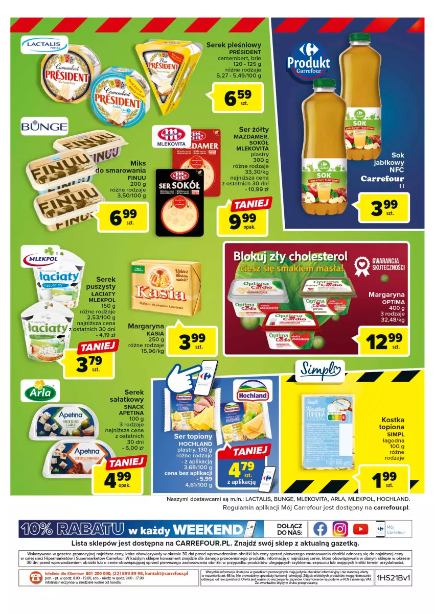 Gazetka promocyjna Carrefour - Gazetka Targ świeżości - ważna 22.05 do 27.05.2023 - strona 8 - produkty: Brie, Camembert, Finuu, Hochland, Kasia, Margaryna, Mazdamer, Mleko, Mlekovita, O nas, Optima, Sałat, Ser, Ser topiony, Serek, Sok, Sokół, Taca, Top