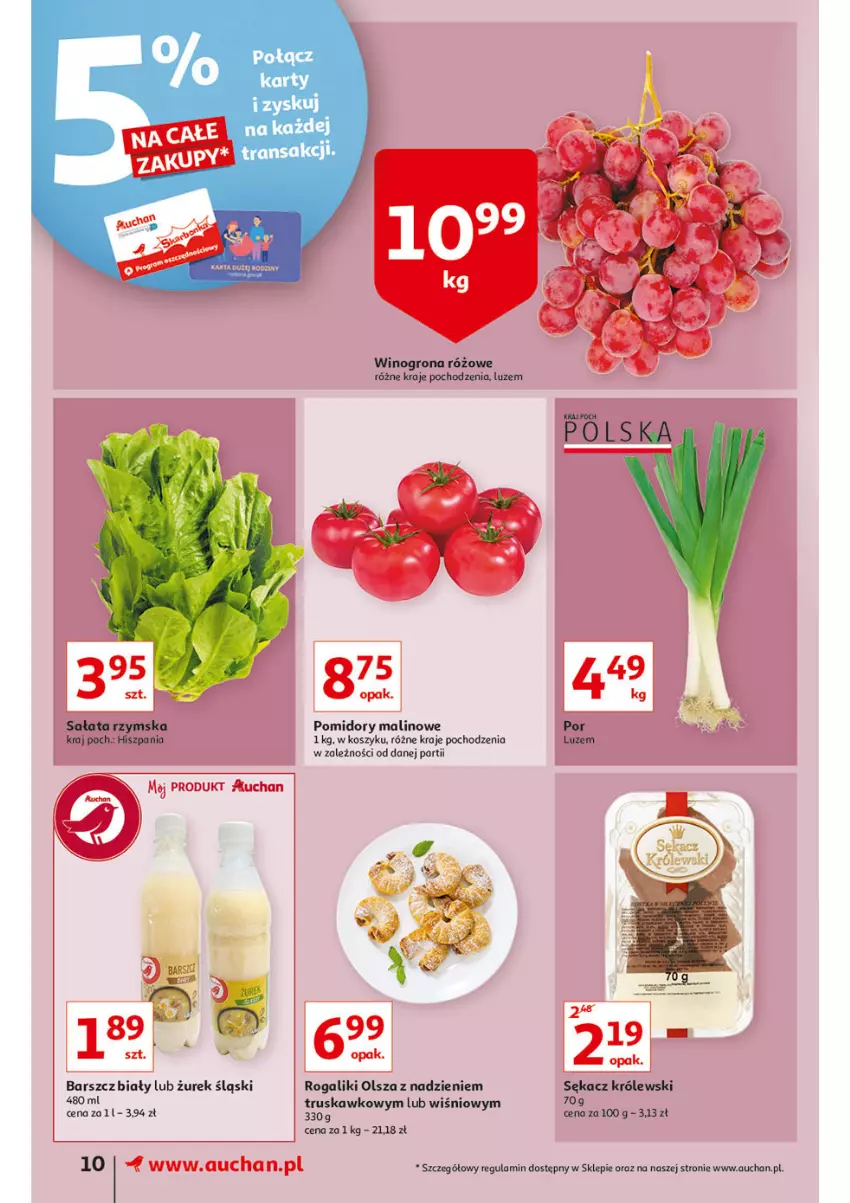 Gazetka promocyjna Auchan - przeNISKIE CENY 1001drobiazgów Supermarkety - ważna 04.02 do 09.02.2022 - strona 10 - produkty: Kosz, Królewski, Pomidory, Por, Rogal, Sałat, Sękacz, Tran, Wino, Winogrona