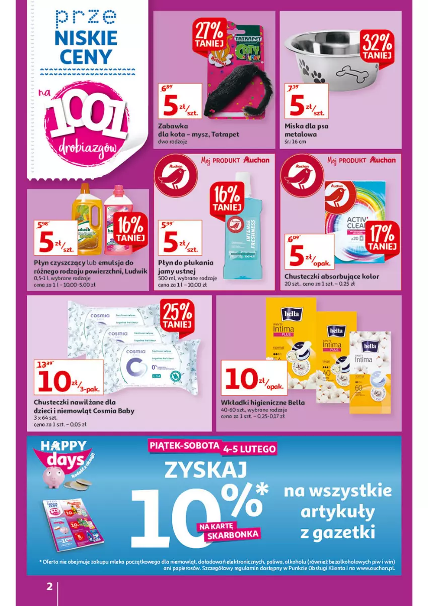 Gazetka promocyjna Auchan - przeNISKIE CENY 1001drobiazgów Supermarkety - ważna 04.02 do 09.02.2022 - strona 2 - produkty: Bell, Bella, Chusteczki, Dzieci, Emulsja, LG, Ludwik, Miska, Mysz, Papier, Płyn do płukania, Płyn do płukania jamy ustnej, Tatra, Wkładki, Zabawka