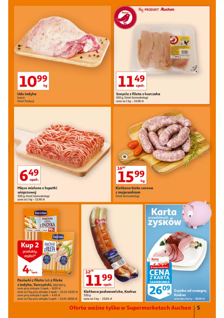 Gazetka promocyjna Auchan - przeNISKIE CENY 1001drobiazgów Supermarkety - ważna 04.02 do 09.02.2022 - strona 5 - produkty: Gra, Kiełbasa, Kiełbasa biała, Kiełbasa podwawelska, Krakus, Kurczak, Mięso, Mięso mielone, Parówki, Tarczyński, Wawel