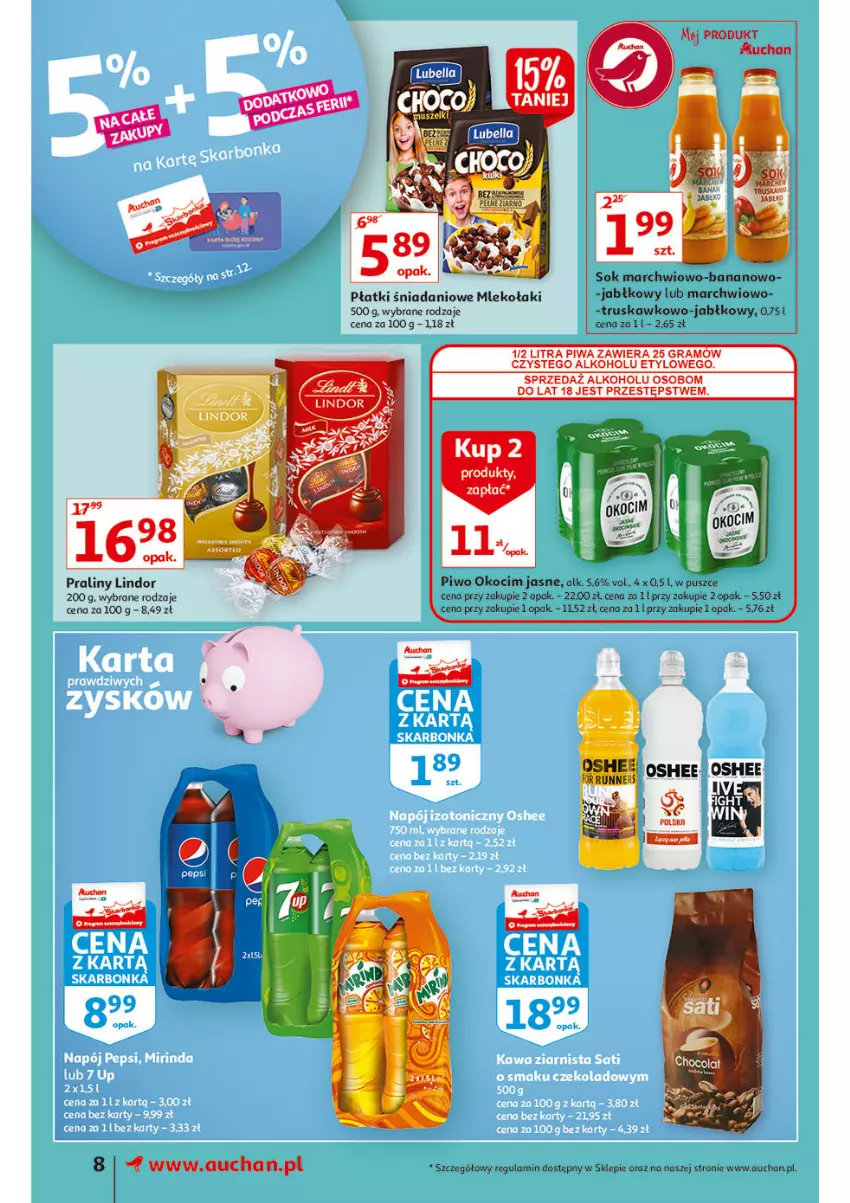 Gazetka promocyjna Auchan - przeNISKIE CENY 1001drobiazgów Supermarkety - ważna 04.02 do 09.02.2022 - strona 8 - produkty: Danio, Gra, Koc, Lindor, Mleko, Okocim, Oshee, Piwa, Piwo, Praliny, Sok