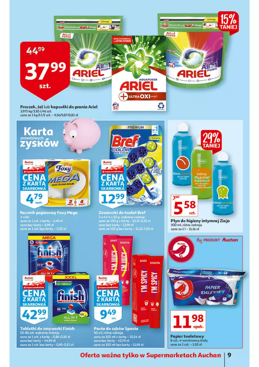 Gazetka promocyjna Auchan - przeNISKIE CENY 1001drobiazgów Supermarkety - ważna 04.02 do 09.02.2022 - strona 9 - produkty: Ariel, Kapsułki do prania, Papier, Papier toaletowy, Płyn do higieny intymnej, Puder, Ziaja