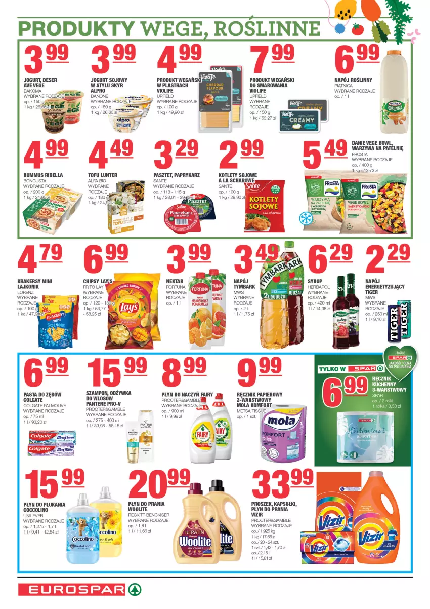 Gazetka promocyjna Spar - EuroSpar - ważna 06.10 do 16.10.2024 - strona 6 - produkty: Alpro, Bakoma, Bell, Bella, Chipsy, Coccolino, Colgate, Danone, Deser, Fa, Fairy, Frosta, Herbapol, Hummus, Jogurt, Kotlet, Krakersy, Lajkonik, LG, Lorenz, Mola, Mus, Odżywka, Palmolive, Pantene, Papier, Papryka, Paprykarz, Pasta do zębów, Pasztet, Piątnica, Płyn do płukania, Płyn do prania, Ręcznik, Sante, Ser, Syrop, Szampon, Tera, Tiger, Tofu, Vizir, Warzywa, Woolite