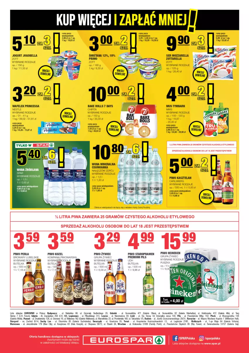 Gazetka promocyjna Spar - EuroSpar - ważna 06.10 do 16.10.2024 - strona 8 - produkty: 7 Days, Bake Rolls, Bell, Bella, Carlsberg, Dzieci, Fa, Gra, Heineken, Jogobella, Jogurt, Kasztelan, Kosz, Kozel, LANA, Mozzarella, Mus, Oliwa, Perła, Piwo, Princessa, Rum, Ser, Tymbark, Wafelek, Woda, Woda mineralna, Zott, Zottarella