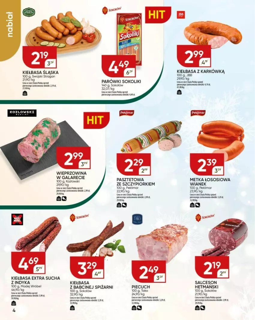 Gazetka promocyjna Chata Polska - ważna 09.01 do 15.01.2025 - strona 16 - produkty: Kiełbasa, Kiełbasa śląska, Parówki, Parówki sokoliki, Pasztet, Piec, Salceson, Sok, Sokołów, Sos, Wieprzowina