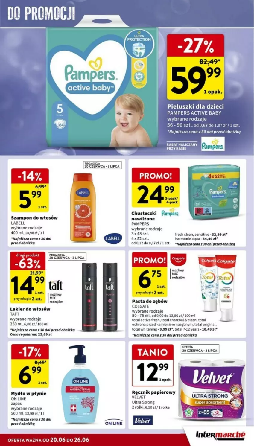 Gazetka promocyjna Intermarche - ważna 20.06 do 26.06.2024 - strona 29 - produkty: Bell, Chusteczki, Colgate, Gin, Lakier, Lakier do włosów, LG, Mydło, Mydło w płynie, Pampers, Pasta do zębów, Szampon