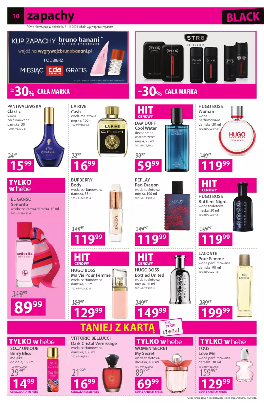 Gazetka promocyjna Hebe - Gazetka - ważna 04.11 do 21.11.2021 - strona 10 - produkty: Bell, Body, Burberry, Davidoff, Dezodorant, Hugo Boss, La Rive, Lack, Lacoste, Perfum, Str8, Woda, Woda perfumowana, Woda toaletowa