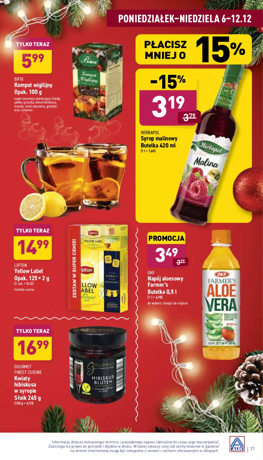 Gazetka promocyjna Aldi - Katalog spożywczy - ważna 06.12 do 12.12.2021 - strona 21 - produkty: Fa, Gin, Herbapol, Herbata, Herbata czarna, Hibiskus, Lipton, Mango, Miód, Napój, Syrop, Tera