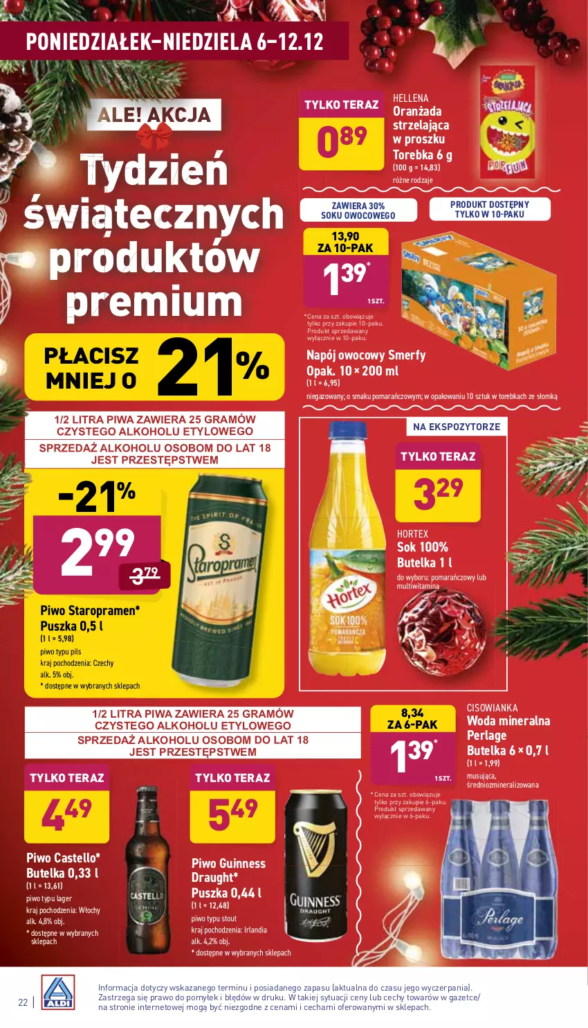 Gazetka promocyjna Aldi - Katalog spożywczy - ważna 06.12 do 12.12.2021 - strona 22 - produkty: Cisowianka, Gra, Hellena, Hortex, Mus, Napój, Oranżada, Piwa, Piwo, Sok, Tera, Torebka, Woda, Woda mineralna