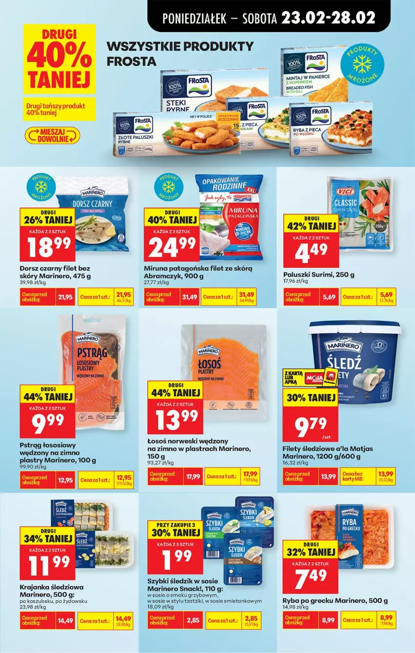 Gazetka promocyjna Biedronka - Od Poniedziałku - ważna 23.02 do 28.02.2026 - strona 35 - produkty: Dorsz, Frosta, Krajanka śledziowa, Matjas, Mintaj, Miruna, Piec, Pstrąg, Pstrąg łososiowy, Ryba, Ryba po grecku, Sony, Sos, Stek, Surimi, Tago