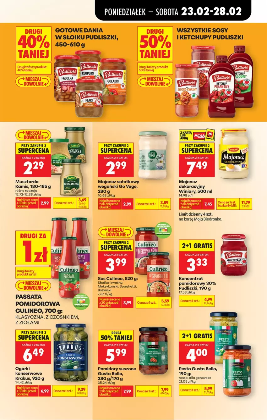 Gazetka promocyjna Biedronka - Od Poniedziałku - ważna 23.02 do 28.02.2026 - strona 45 - produkty: Bell, Gra, Kamis, Ketchup, Koncentrat pomidorowy, Krakus, Majonez, Majonez sałatkowy, Mus, Musztarda, Ogórki konserwowe, Pesto, Pomidory, Pudliszki, Sałat, Ser, Sos, Spaghetti, Winiary