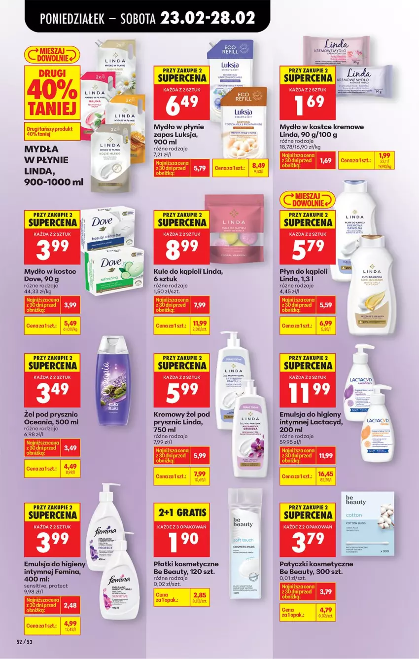 Gazetka promocyjna Biedronka - Od Poniedziałku - ważna 23.02 do 28.02.2026 - strona 64 - produkty: Be Be, Dove, Emulsja, Fa, Gra, Lactacyd, Luksja, Mydło, Mydło w płynie, Orka, Patyczki kosmetyczne, Płatki kosmetyczne, Płyn do kąpieli