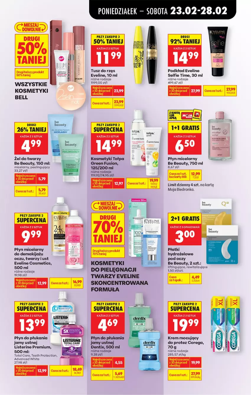 Gazetka promocyjna Biedronka - Od Poniedziałku - ważna 23.02 do 28.02.2026 - strona 67 - produkty: Be Be, Bell, Corega, Eveline, Fusion, Gra, Listerine, Makijaż, Płyn do płukania, Płyn do płukania jamy ustnej, Płyn micelarny, Podkład, Tołpa, Tusz