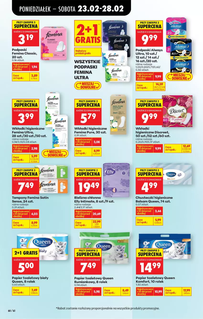 Gazetka promocyjna Biedronka - Od Poniedziałku - ważna 23.02 do 28.02.2026 - strona 72 - produkty: Always, Always Ultra, Bielizna, Chusteczki, Discreet, Fa, Gra, Papier, Papier toaletowy, Podpaski, Por, Pur, Rum, Sati, Tampony, Top, Wkładki
