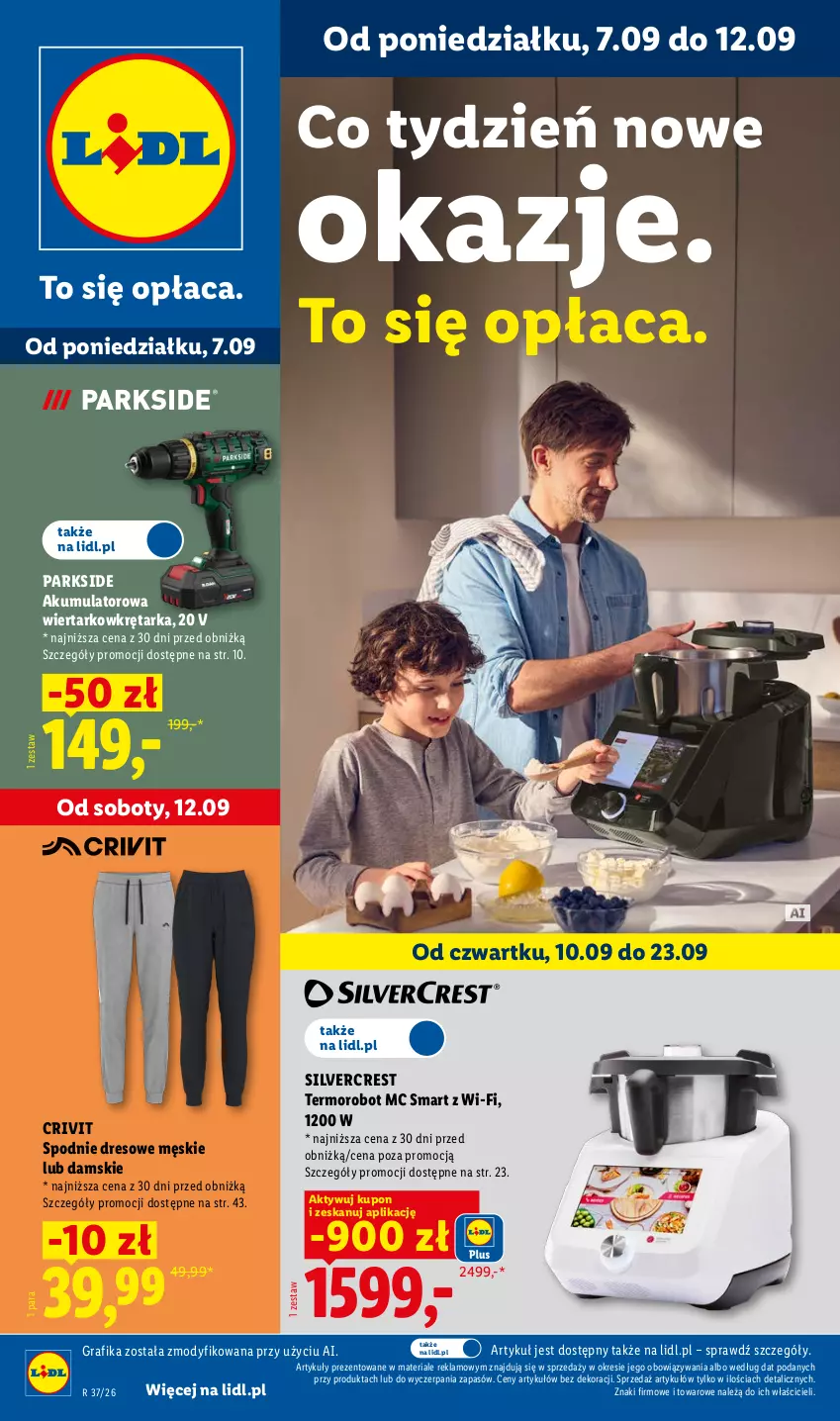 Gazetka promocyjna Lidl - Gazetka ważna od 07.09. do 12.09. - ważna 07.09 do 12.09.2026 - strona 1 - produkty: Akumulator, Akumulatorowa wiertarkowkrętark, Dres, Gra, Grafika, Parkside, Robot, Silvercrest, Spodnie, Spodnie dresowe, Tarka, Wiertarkowkrętarka, Wkręt, Wkrętarka