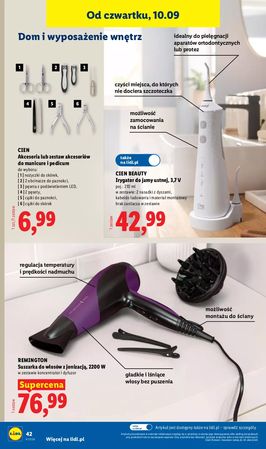 Gazetka promocyjna Lidl - Gazetka ważna od 07.09. do 12.09. - ważna 07.09 do 12.09.2026 - strona 48 - produkty: Cążki, Cążki do skórek, Irygator, Manicure i pedicure, Noż, Nożyczki, Pęseta, Remington, Suszarka, Szczoteczka
