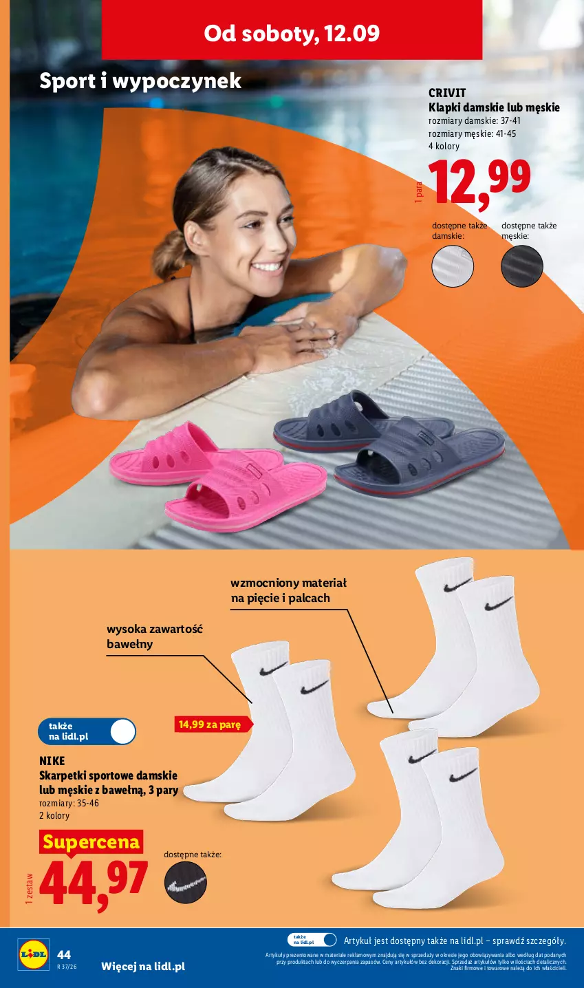 Gazetka promocyjna Lidl - Gazetka ważna od 07.09. do 12.09. - ważna 07.09 do 12.09.2026 - strona 50 - produkty: Karp, Klapki, Nike, Por, Skarpetki, Sok, Sport