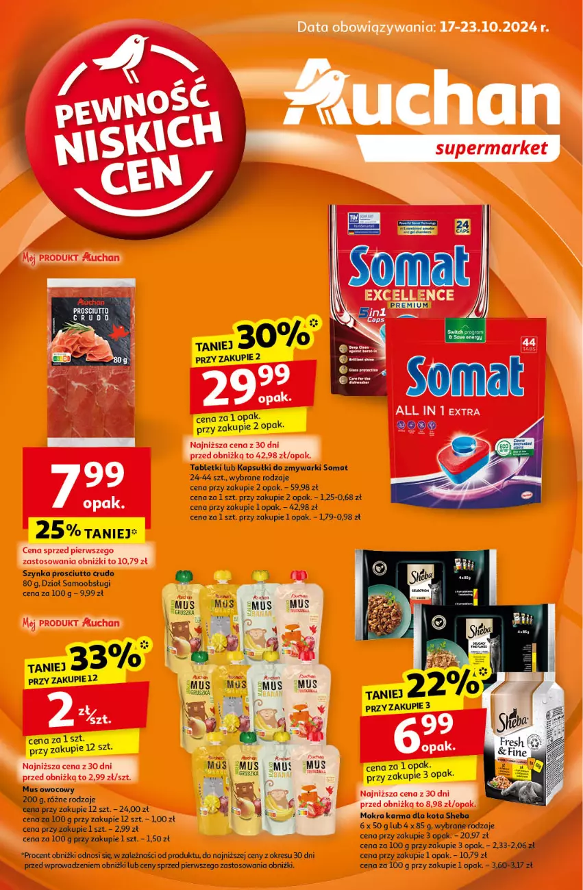 Gazetka promocyjna Auchan - Pewność Niskich Cen Supermarket - ważna 15.10 do 23.10.2024 - strona 1 - produkty: Mokra karma, Mus, Prosciutto, Sheba, Somat, Szynka, Tablet, Zmywarki